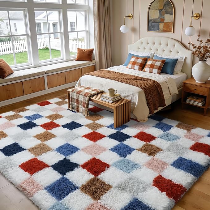 Large Shag Area Rug for Bedroom Living Room,8x10 Fluffy Soft Colorful Checkered Rug Fuzzy Shaggy Bedroom Carpet,Indoor Plush Floor Rugs for Kids Boys Girls Teen Dorm Nursery Home Decor