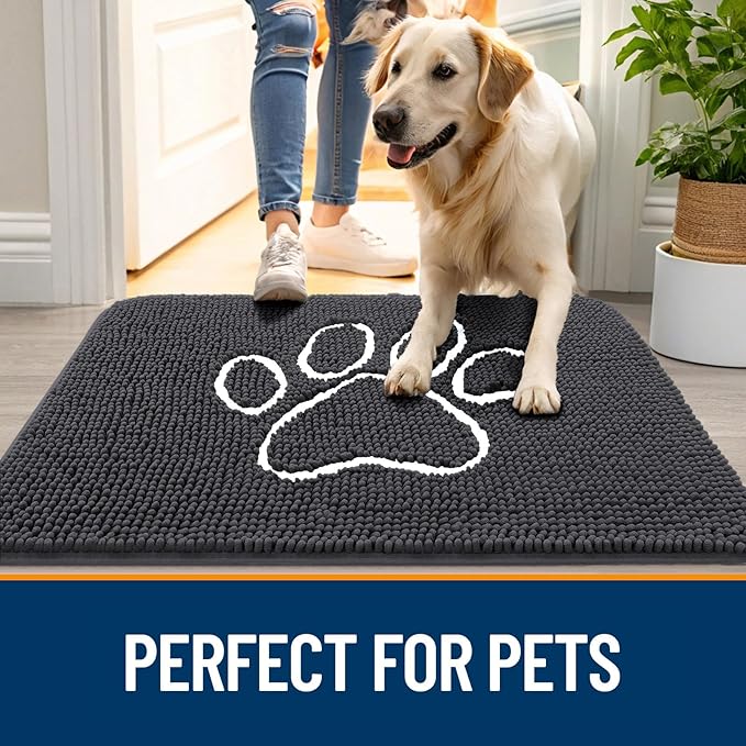 OLANLY Dog Door Mat for Muddy Paws 44x32, Paw Print Design, Absorbs Moisture and Dirt, Absorbent Non-Slip Washable Doormat, Quick Dry Chenille Mud Mat for Dogs, Entry Indoor Entryway Carpet, Dark Grey