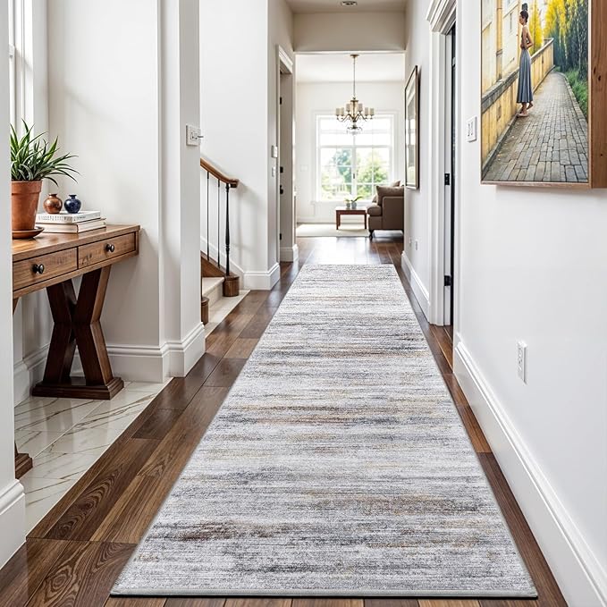 3x15 Washable Runner Rug for Hallway: Long Runners for Entryway Living Room Dining Room - Stain and Water Resistant Rugs with Non-Slip Backing - Soft Low-Pile Carpet Beige Grey