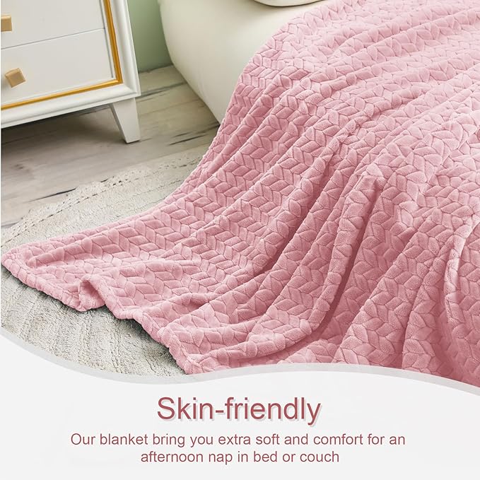 Exclusivo Mezcla Fleece Throw Blanket for Couch and Bed, 50x70 Inches Soft Cozy Jacquard Flannel Blankets, Lightweight Fuzzy Plush Warm Throws for Women, Pink