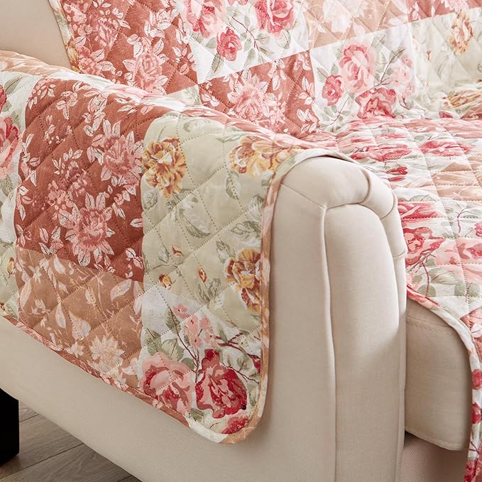 Great Bay Home Reversible Floral Patchwork Sofa Furniture Protector - Machine Washable, Scalloped Edge, Stain Resistant, Printed Furniture Cover for Dogs, Kids, and Pets (Burgundy/Taupe)