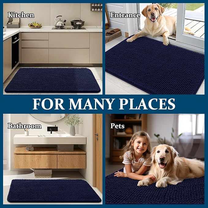 OLANLY Dog Door Mat for Muddy Paws 70x24, Absorbs Moisture and Dirt, Absorbent Non-Slip Washable Doormat, Quick Dry Chenille Mud Mat for Dogs, Entry Indoor Entryway Carpet for Inside Floor, Navy Blue