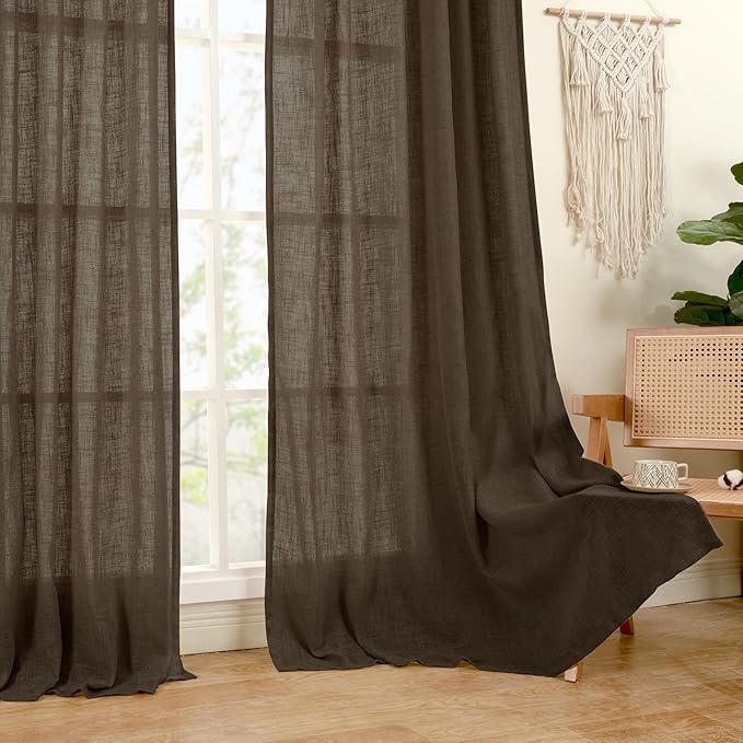 LAMIT Sheer Linen Curtains 63 Inch for Bedroom, Light Filtering Neutral Semi Sheer Farmhouse Boho Curtains Back Tab and Rod Pocket Living Room Panels, Dark Brown, 2 Panels, 52 x 63 Inch