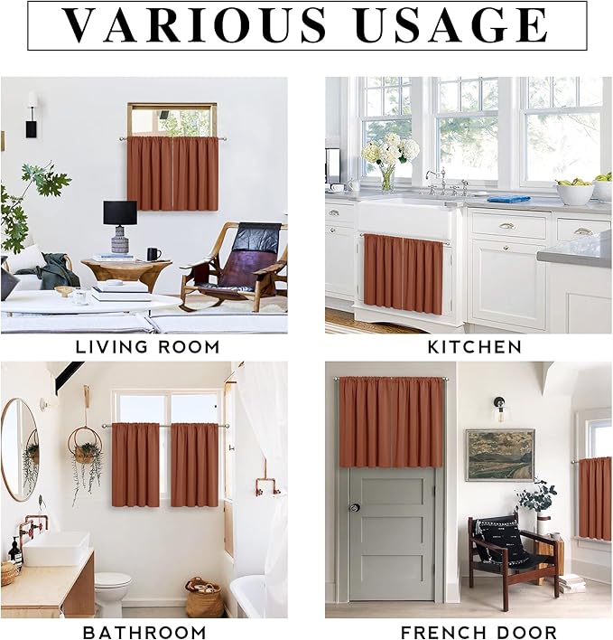 RYB HOME Small Window Curtains for Kitchen, Thermal Insulated Privacy Shades Chic Home Decoration for Basement Bathroom Door Window, Width 42 x Length 45 inch, 2 Panels, Burnt Orange