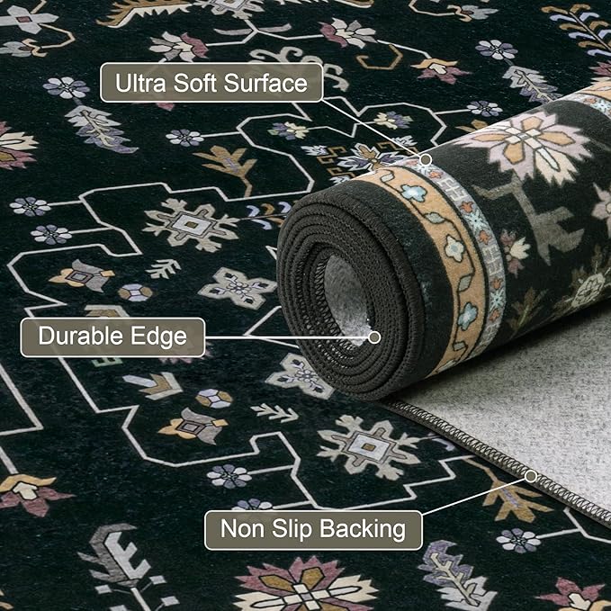 Area Rugs 9x12 Living Room Rug: Washable Rug Soft Vintage Boho Medallion Carpet Indoor Floor Non-Slip Stain Resistant Large Carpets for Bedroom Dining Room Farmhouse Nursery Home Office Black