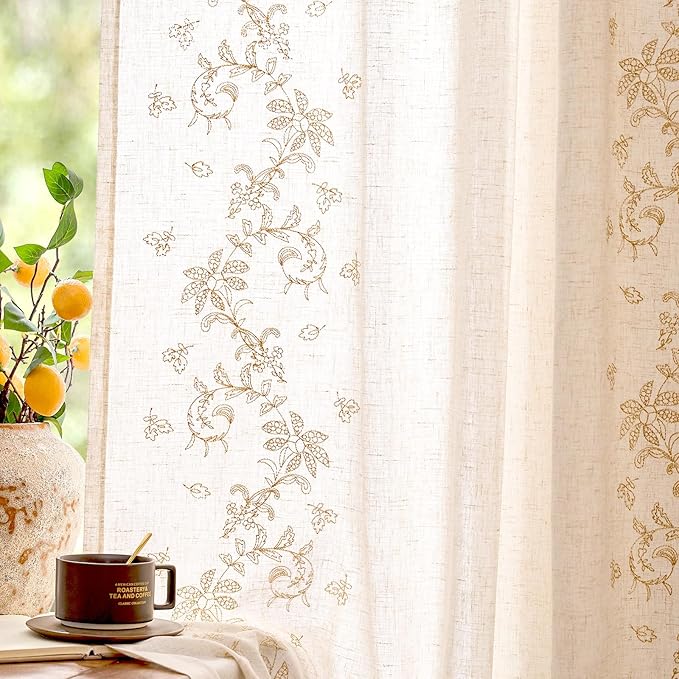 jinchan Evelyn Embroidered Linen Curtains for Living Room Elegant Farmhouse Decor Beige Floral Curtains Semi Sheer Light Filtering Window Drapes for Bedroom Rod Pocket Back Tab 2 Panels W50 x L84