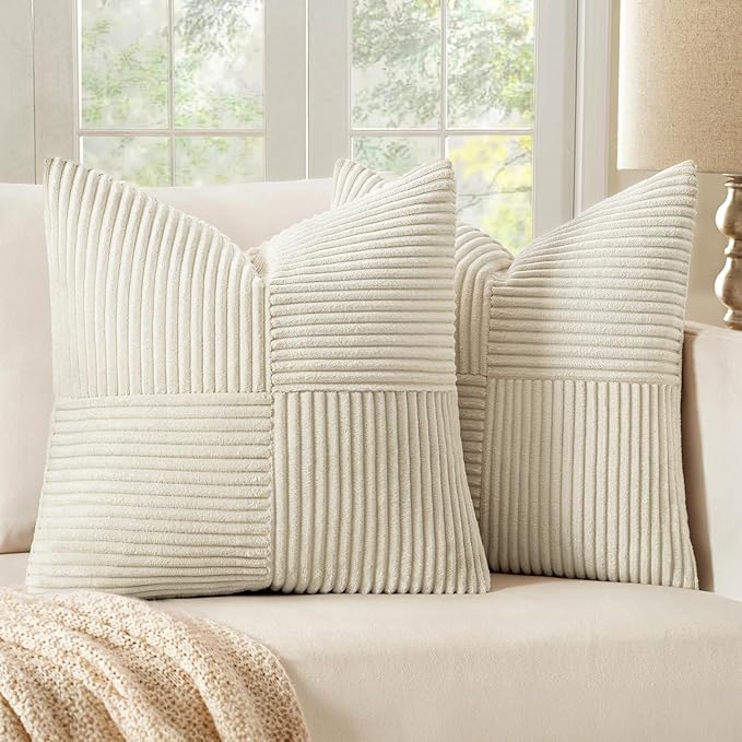 MIULEE Beige Decorative Throw Pillow Covers 16x16 Inch for Couch Bed Sofa Pack of 2 Boho Neutral Farmhouse Throw Pillows Soft Cross Corduroy Patchwork Textured Cushion Cases