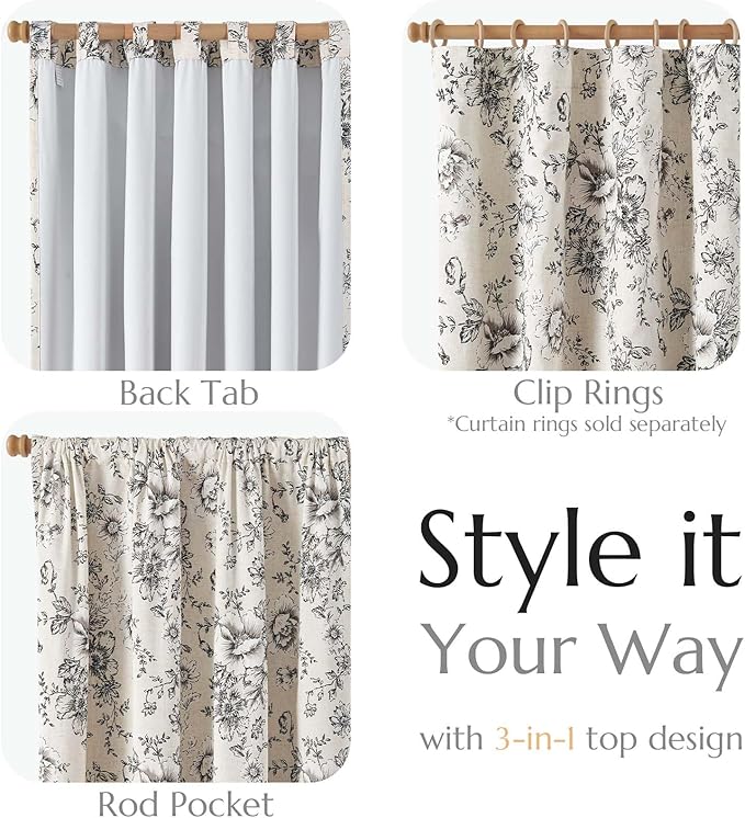 jinchan Blackout Floral Curtains for Living Room Bedroom Linen Blend Curtain Farmhouse Black Printed with Lined Back Tab Rod Pocket Drapes Window Treatments 2 Panels 102 Inch