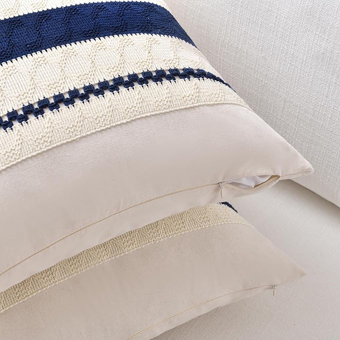Fancy Homi Set of 1 Navy Blue Lumbar Decorative Throw Pillow Covers 16x24 Inch for Couch Bed Sofa Living Room, Aesthetic Modern Organic Farmhouse Home Decor, Soft Cotton Woven Textured Cushion Case