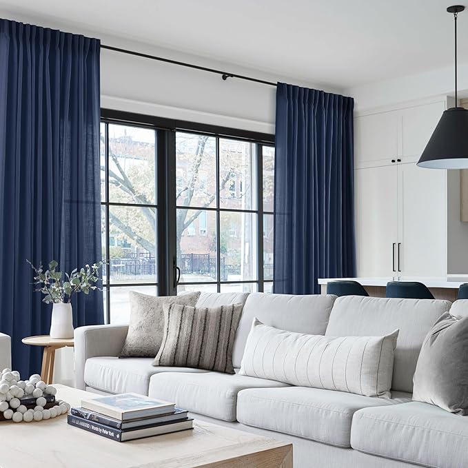 Navy Blue Curtains 94 inch Length for Bedroom Back Tab Light Filtering Semi Sheer Blue Living Room Curtains Linen Cotton Textured Indigo Blue Drapery Panel Modern Farmhouse Aesthetic Decor Dark Blue