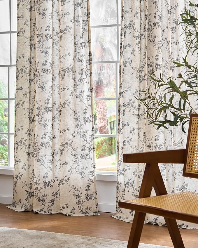 Lazzzy Farmhouse Linen Curtains Black Floral Curtains 90 Inch Length Back Tab Drapes for Living Room Bedroom Light Filtering Country Vintage Rod Pocket, 2 Panels, Black on Beige