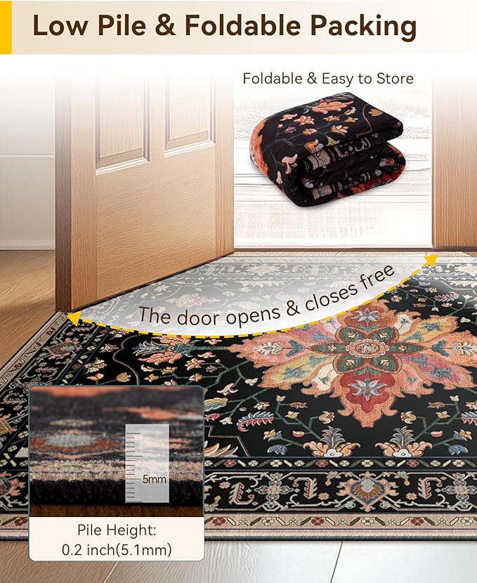 Area Rugs 2'6''x12' Runner Rug Non Slip Washable for Kitchen Hallway Bedroom Beside Laundry Room Bathroom Rug, Floor Carpet, Black Colorful Floral Dark Tan