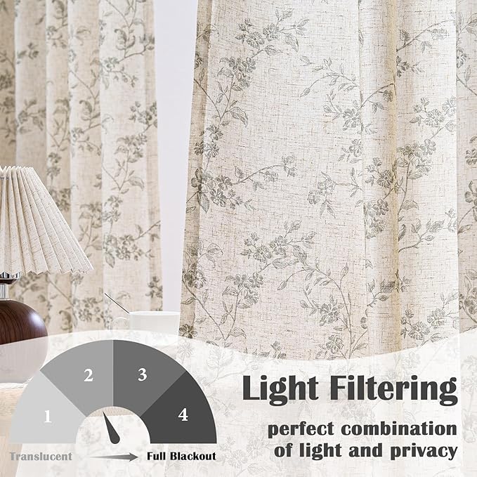 Lazzzy Grey Floral Linen Curtains 96 Inch Farmhouse Back Tab Drapes for Living Room Bedroom Light Filtering Vintage Grandmillennial Rod Pocket Curtains, 2 Panels, W38 x L96, Grey on Beige
