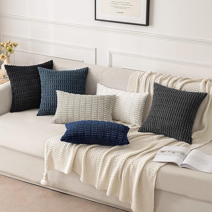 MIULEE Pack of 2 Corduroy Decorative Throw Pillow Covers 18x18 Inch Soft Boho Striped Pillow Covers Modern Farmhouse Home Decor for Sofa Living Room Couch Bed Pure White