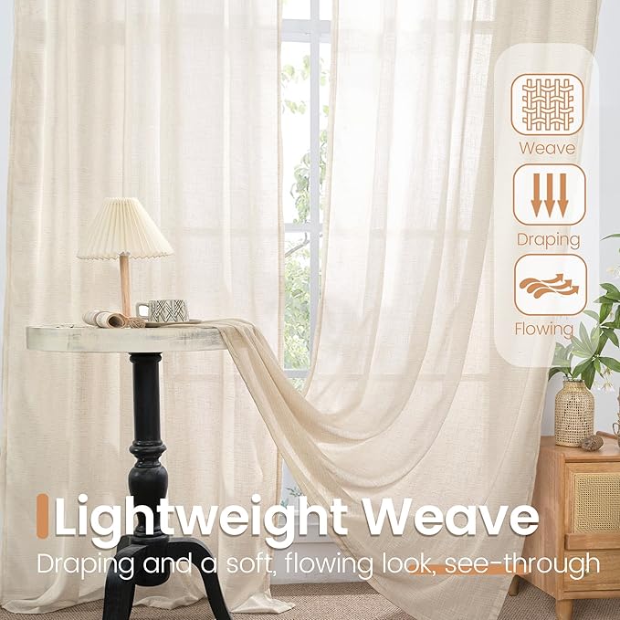 BGment Linen Oatmeal Curtains 45 Inch Length for Short Window - Rod Pocket Textured Drapes Light Filtering Sheer for Bedroom Living Room Lightweight Natural Rustic, 2 Panels Set, 42 X 45 Inch