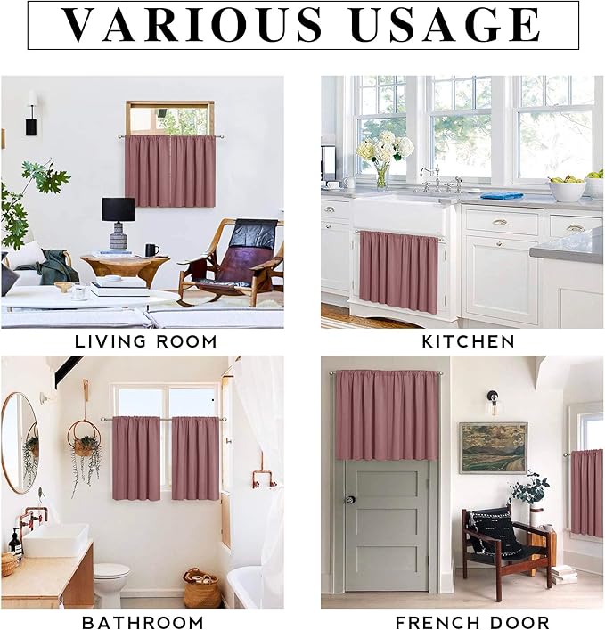 RYB HOME Blackout Privacy Bathroom Window Curtains, Short Thermal Insulated Heat Blocking Privacy Rod Pocket Half Window Curtain Tiers for Nursery Bedroom, Width 42 by Length 30, Dusty Rose, 2 Panels