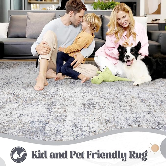XLUEZ 5x7 Area Rugs for Living Room, Washable Modern Abstract Large Area Rug Neutral Soft Non Slip Kids Rug Stain Resistant Indoor Carpet for Bedroom Nursery Dining Room Playroom(Bluegrey, 5'x7')