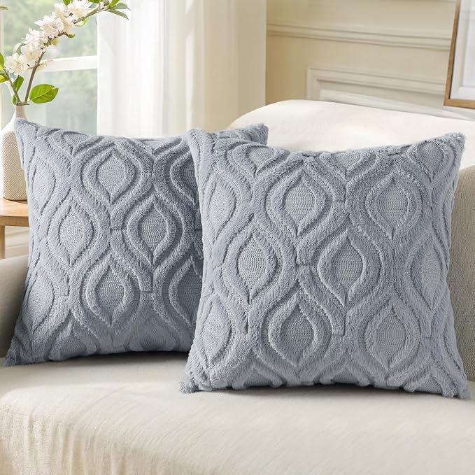 decorUhome Throw Pillow Covers 20x20 Inch Set of 2, Soft Plush Faux Wool Blue Grey Solid Couch Pillow Covers, Accent Farmhouse Neutral Square Pillow Cases for Sofa Bed Living Room