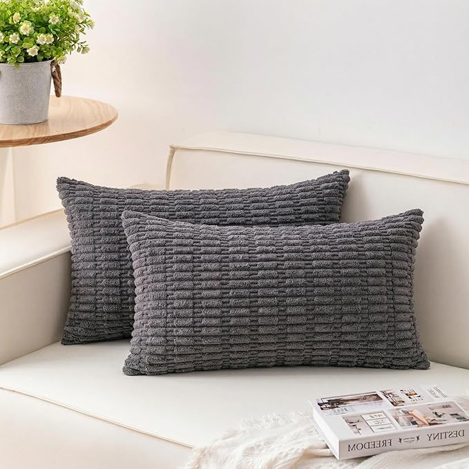 Pack of 2 Corduroy Decorative Throw Pillow Covers 12x24 Inch Soft Striped Pillow Covers Modern Farmhouse Home Decor for Sofa Living Room Couch Bed（Dark Grey）