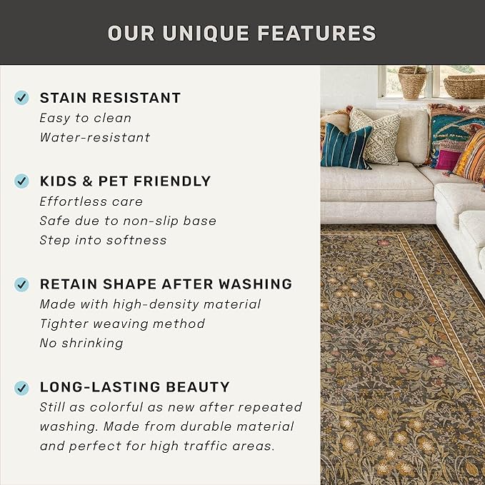 Brown 2'6" x 8' Runners for Hallways Non Slip, Extra Long Floor Runner for Kitchen, Entryway Indoor, Washable Rubber Backing Stain Resistant - Soft Boho Vintage Gold Brown Floral Décor