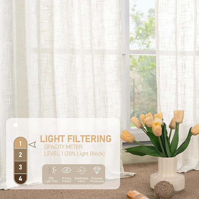 LAMIT Light Filtering Linen Curtains 72 inches Long for Bedroom, Linen Textured Semi Sheer Back Tab and Rod Pocket Boho Drapes for Small Window/Living Room, Cream, 2 Panels, 34 x 72 Inch