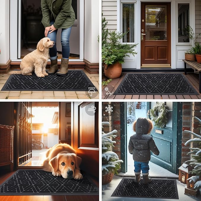 Smiry Front Door Mat Outside Entrance, Heavy Duty Sturdy Natural Rubber Doormat, Trap Dirt and Moisture, Easy Clean Low Profile Mats for Indoor Outdoor Entry, Grid Geometric (59x23, Black)