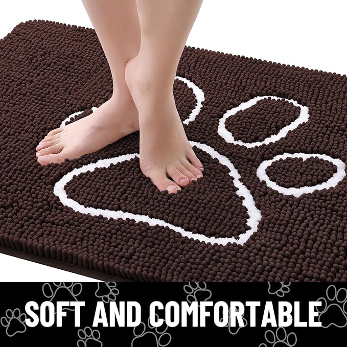 Smiry Dog Door Mat for Muddy Paws, Absorbent Dirt Trapper Non Slip Quick Dry Washable Chenille Mat for Mud Dogs, Entry Rug for Indoor and Outdoor (40x32 Inches, Brown and White)