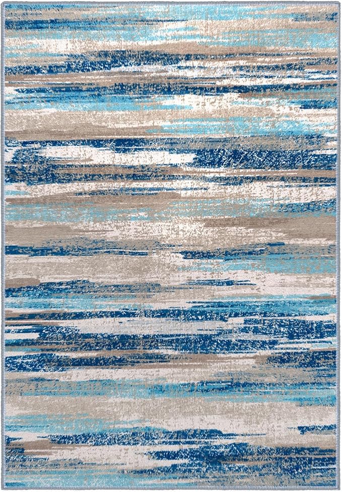 Lansny Small Abstract Area Rug, Entryway Rug Washable Door Mat Indoor Entrance, 2x3 Washable Rug Non-Slip, Soft Blue Kitchen Rugs Thin Print Faux Wool Floor Carpet Throw Rugs for Foyer Front Door Sink