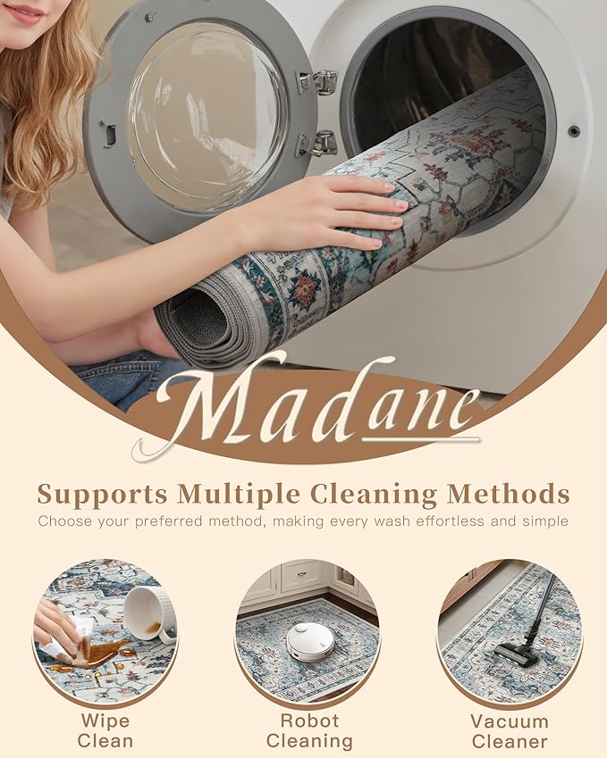 Madane Area Rug 3x5, Entryway Washable Vintage Runners Bedroom Non Slip Indoor Kitchen Runner for Living Room Laundry Room Playroom Soft Non-Slip Area Rugs, Blue
