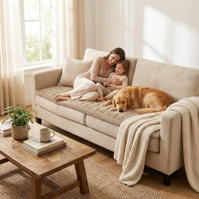 Smiry Couch Cover for Dogs Washable, Non Slip Fuzzy Pet Couch Covers for 3 Cushion Sofa Pet Friendly, Thick Soft Sofa Slipcovers Cushion Protector (Khaki, 27.6" x 70.9")
