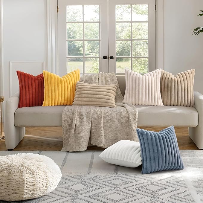 decorUhome Cozy Faux Fur Throw Pillow Covers 22x22 Set of 2 Decorative Soft Plush Striped Modern Farmhouse Boho Couch Euro Sham Pillow Cases with Velvet Back for Sofa Bed Living Room, Khaki Brown