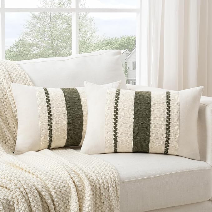 Fancy Homi Set of 1 Boho Olive Green Lumbar Decorative Throw Pillow Cover 12x20 Inch for Couch Bed Sofa Chair, Modern Organic Farmhouse Home Decor, Soft Cotton Cute Accent Rectangle Cushion Case