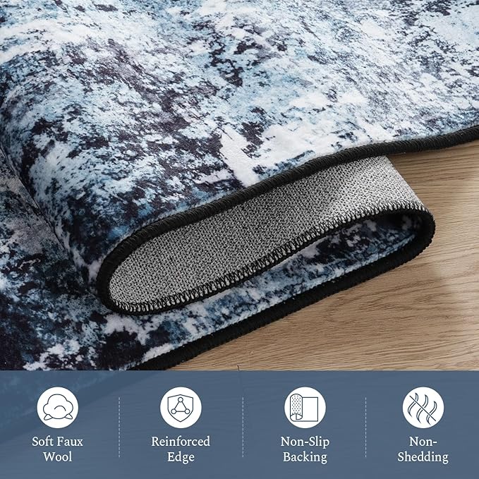 Rugflix 4x6 Area Rug for Living Room, Washable Non-Slip Stain-Resistant Low Pile, Modern Dark Carpet for Dining Room/Home Office/Kid Room/Nursery/Bedroom, Navy Blue/Black
