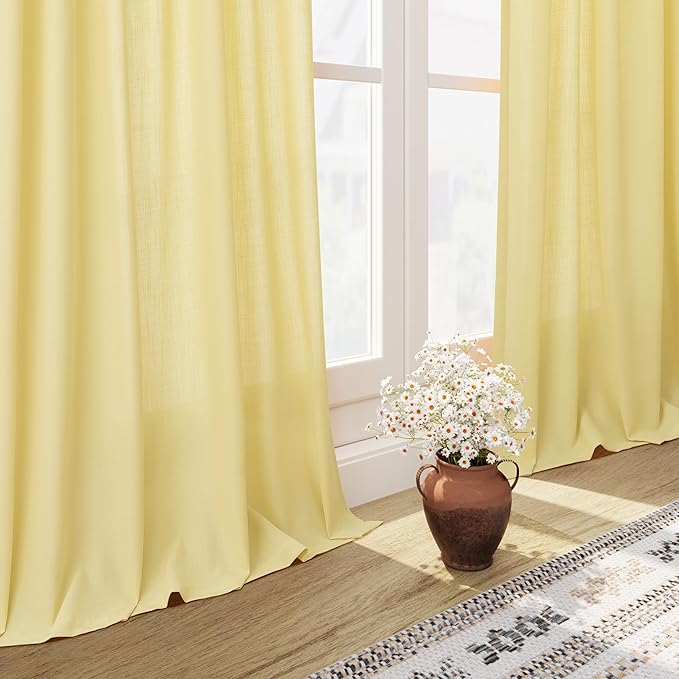 Yellow Linen Curtains 100 inches Long for Bedroom Back Tab Light Filtering Privacy Sheer Yellow Curtains Modern Farmhouse Coastal Decor Cotton Textured Curtain for Living Room 2 Panel Set 52x100