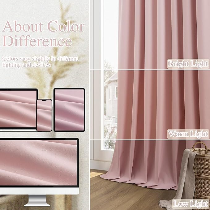 Guken 100% Blackout Linen Curtains 90 Inch 2 Panels Set for Girl's Bedroom, Living Room, Nursery, Back Tab Thermal Insulated Black Out Drapes Room Darkening, Pink