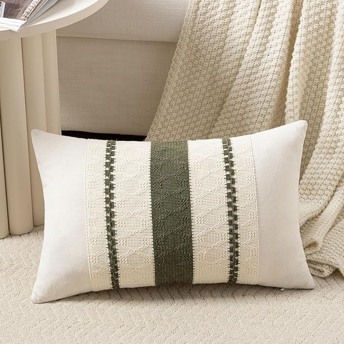 Fancy Homi Set of 1 Boho Olive Green Long Lumbar Decorative Throw Pillow Cover 16x24 Inch for Couch Bed Sofa Chair, Modern Organic Farmhouse Home Decor, Soft Cotton Cute Accent Rectangle Cushion Case