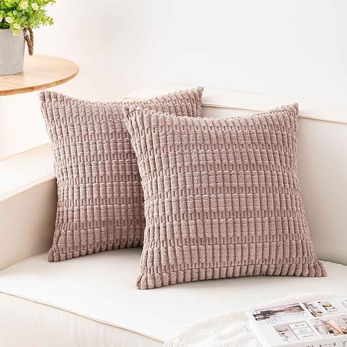 Pack of 2 Corduroy Decorative Throw Pillow Covers 24x24 Inch Soft Striped Pillow Covers Modern Farmhouse Home Decor for Sofa Living Room Couch Bed（Light Brown）