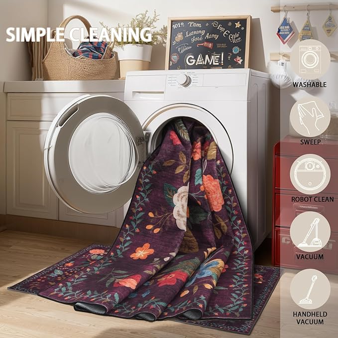 Floral Hallway Runner Carpet Non-Slip, 2x10 Washable Rug Ultra-Thin Soft for Hallways, Kitchen Mat Stain Resistant for Entryway Bathroom (2 x 10, Purple Lawn)