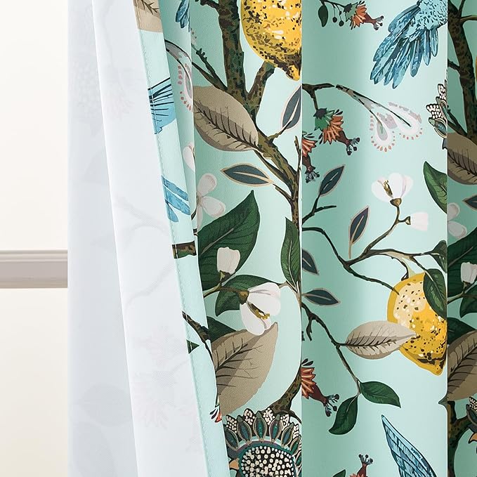 Topfinel Mint Green Curtains 63 Inch Length 2 Panels Cottagecore Tropical Sage Leaf Flower Hummingbird Lemon Patterned Energy Efficient Grommet Cute Green Drapery Treatment Nursery Classroom