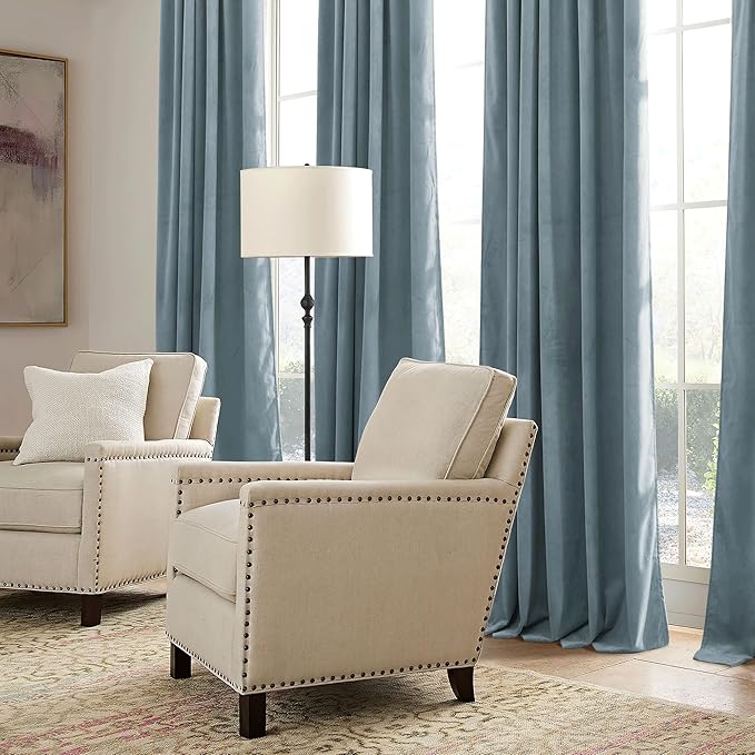 RYB HOME Stone Blue Velvet Curtains 72 inches with Hook Belt, Soft Fabric Room Darkening Thermal Insulated Luxurious Home Decor Curtains for Living Room Bedroom, W 52" x L 72", 2 Panels Set