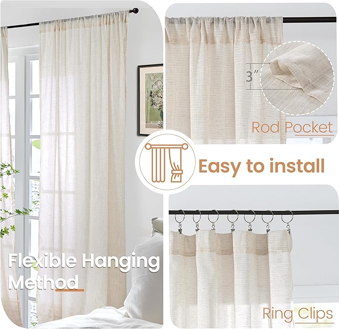 BGment Linen Oatmeal Curtains 45 Inch Length for Short Window - Rod Pocket Textured Drapes Light Filtering Sheer for Bedroom Living Room Lightweight Natural Rustic, 2 Panels Set, 42 X 45 Inch