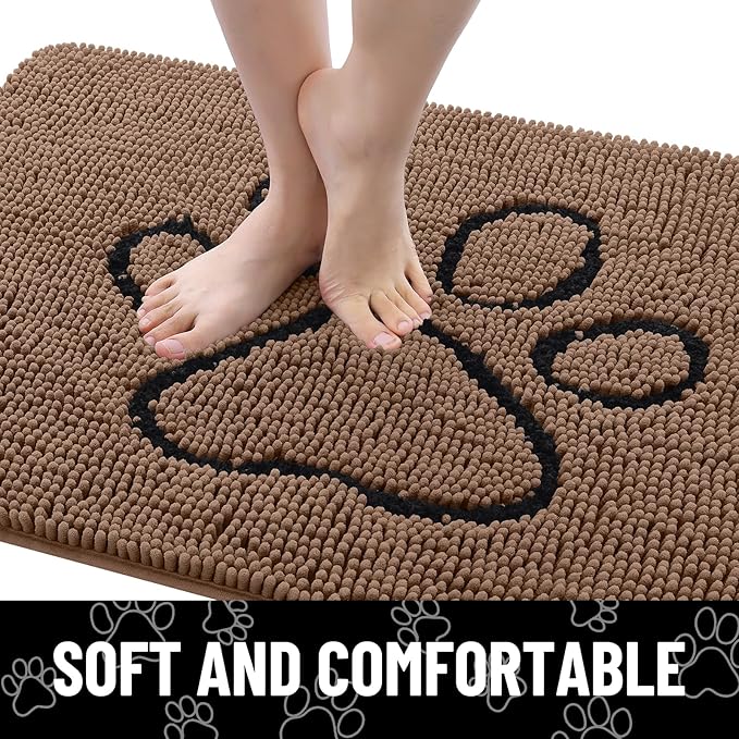 Smiry Dog Door Mat for Muddy Paws, Absorbent Dirt Trapper Non Slip Quick Dry Washable Chenille Mat for Mud Dogs, Entry Rug for Indoor and Outdoor (40x32 Inches, Coffee and Black)