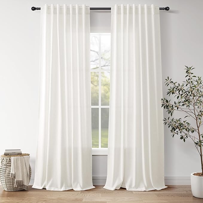 Nanspring Neutral Linen Curtains 108 Inches Long for Living Room Linen Sheer Curtain Back Tab Coastal Modern Farmhouse Floor to Ceiling Drapes for Bedroom Office High Window 52x108, 2 Panels