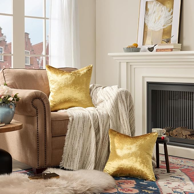 GIGIZAZA Decorative Couch Throw Pillow Covers,Set of 2 Gold Square Pillow Cushion Covers 22x22,Pillow Cases Velvet Pillow Covers