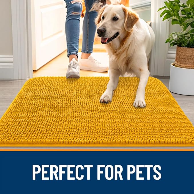 OLANLY Dog Door Mat for Muddy Paws 40x32, Absorbs Moisture and Dirt, Absorbent Non-Slip Washable Doormat, Quick Dry Chenille Mud Mat, Entry Indoor Entryway Carpet for Inside Floor, Golden Yellow
