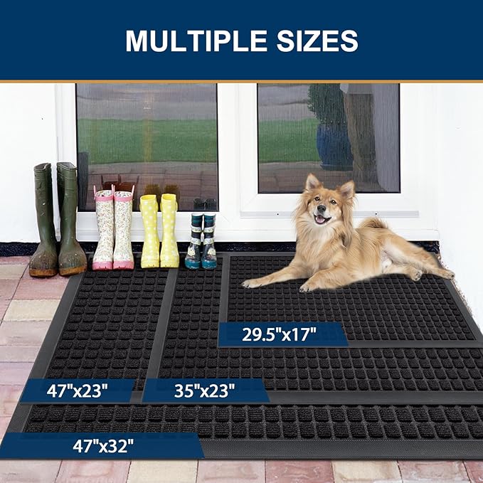 Smiry Front Door Mat Outside Entrance, Heavy Duty Natural Rubber Doormat, Non Slip, Trap Dirt and Moisture, Easy Clean, Low Profile Welcome Floor Mats for Indoor Outdoor Entry, 71x23 Inch, Black