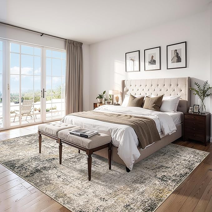 Area Rugs 9x12 Living Room - Washable Rug Modern Abstract Soft Large Neutral Non-Slip Carpet Indoor Floor Thin Carpets for Bedroom Dining Room Farmhouse Nursery Home Office Brown Black Grey