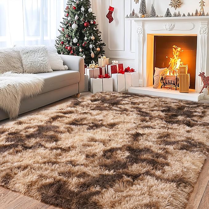 Pionblank Super Fluffy Brown Rug for Bedroom 5x7, Modern Indoor Shag Carpet, Soft Plush Non Slip Rugs for Living Room Kids Room Cloakroom Home Decor, Tie-Dyed Coffee