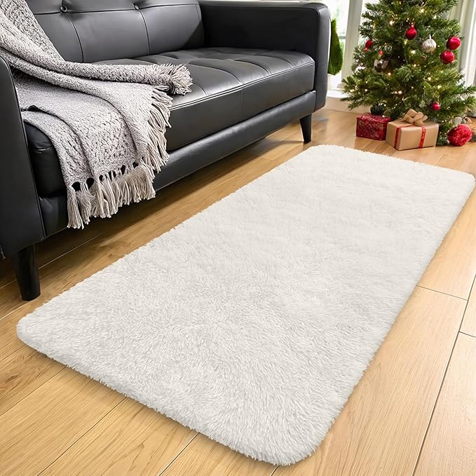 OLANLY 2x12 Machine Washable Runner Rugs for Hallway, Soft Fluffy Shaggy Bedside Rugs for Bedroom, Living Room, Indoor Floor Carpet for Kids Girls and Boys, Nursery Rooms, Home Decor Aesthetic, Ivory