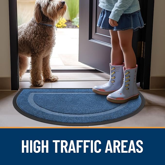 OLANLY Half Circle Door Mat Indoor Outdoor Entrance Welcome, Waterproof All-Season, All-Weather Doormat, Sturdy Natural Rubber, Low Profile, Easy Clean Patio Porch Entryway Mat, 47x32, Light Blue